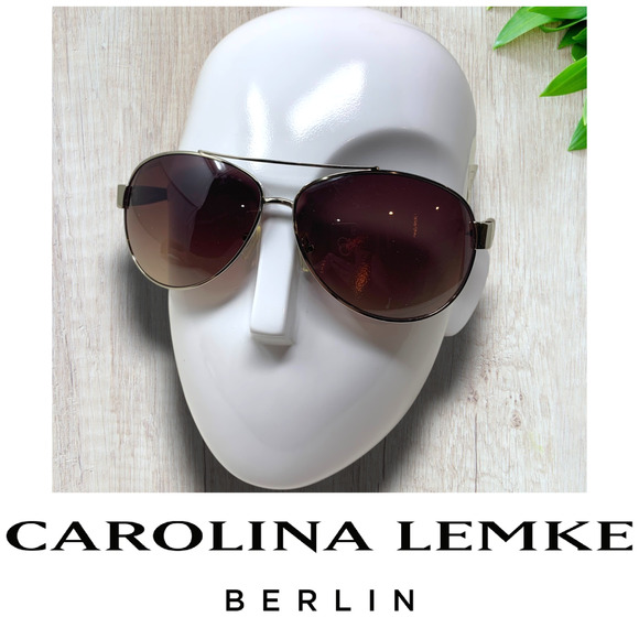 NEW Carolina Lemke Silver Frame Aviator Sunglasses Brown Colored Lens CL1016 NWT - Picture 1 of 8
